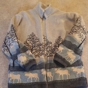 Cozy Gray and Blue Fleece Jacket with Tree and Moose Design